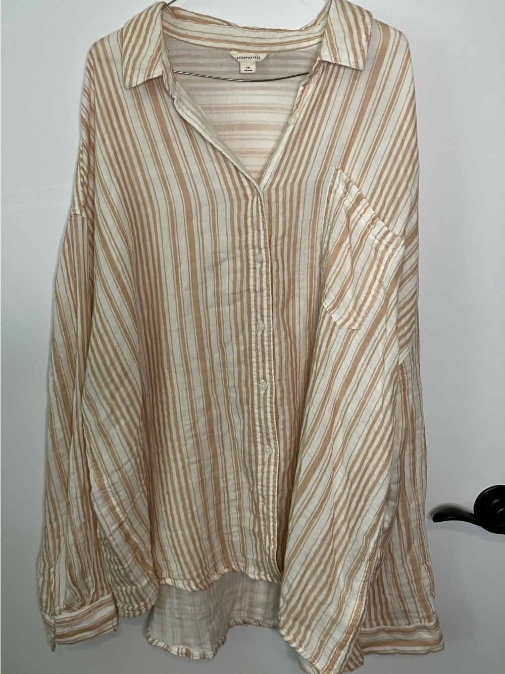 Aeropostale White and Cappuccino Gauzy Oversized Cotton Boyfriend Shirt XXL
